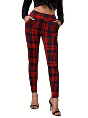 Plaid Pattern Skinny Leggings High Waist Stretchy Leggings