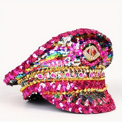 Glitter Red Military Hat Sequin Burning Man Captain Sergeant Hat Rhinestone Bach