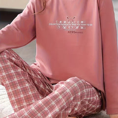 Letter Print Pajama Set Crew Neck Top & Plaid Pants Sleepwear