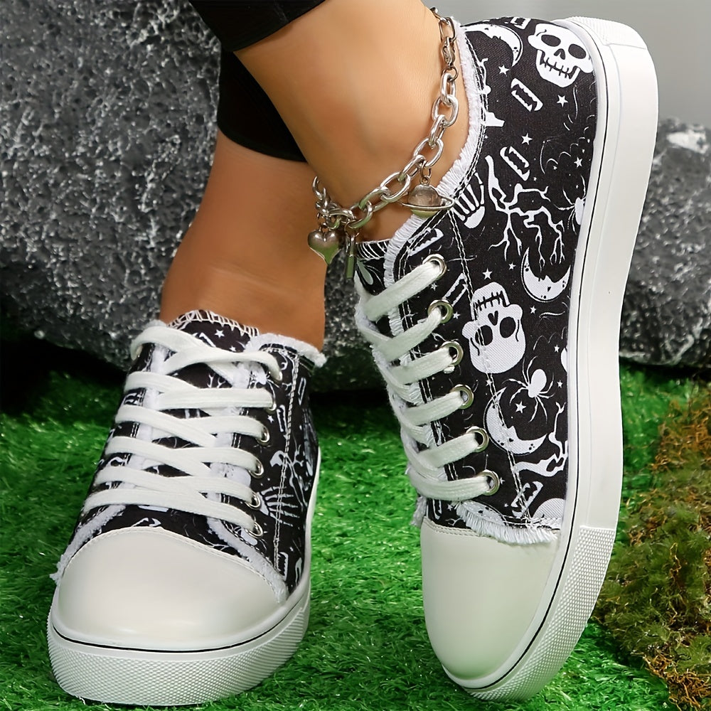 Halloween Skull Print Flat Shoes Women's Casual Lace Up Low Top