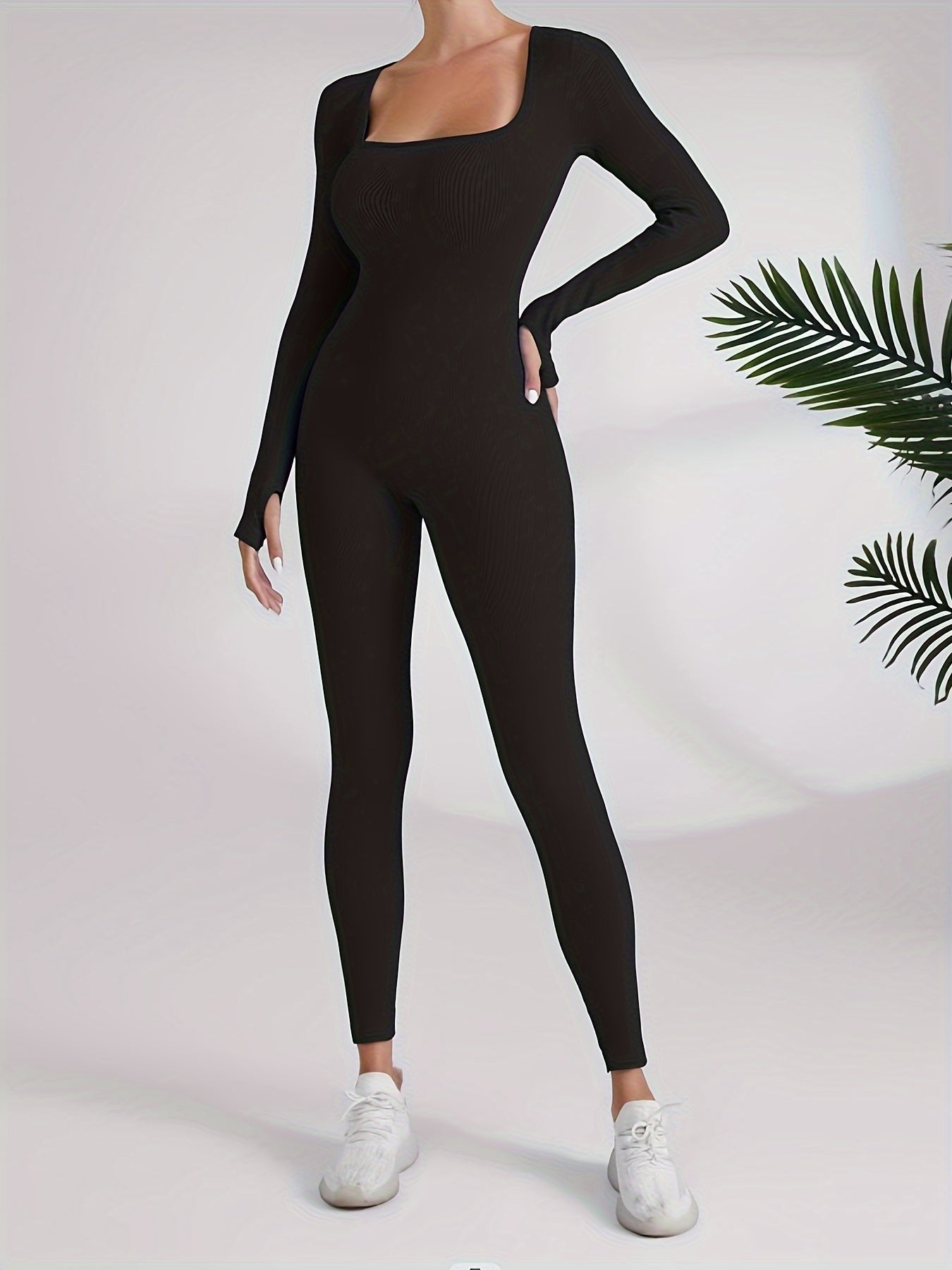 Rib Knit Yoga Jumpsuit Square Neck Bodysuit