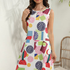 Geometric Print Dress Crew Neck Sleeveless Tank Dress For Summer