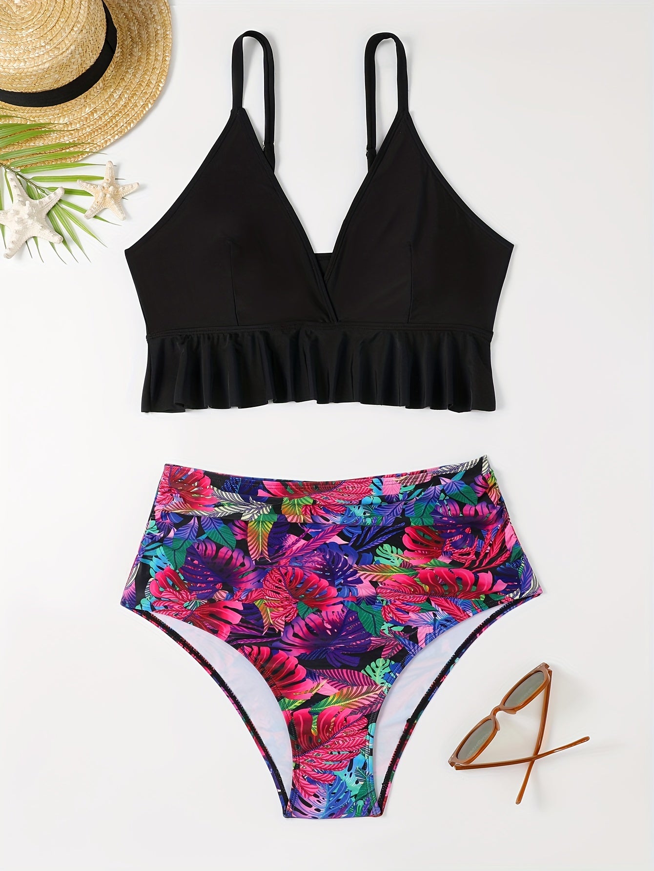 Sexy Bikini Set: Solid V Neck Ruffle Bra & Tropical Print Ruched Panty