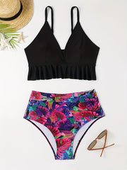 Sexy Bikini Set: Solid V Neck Ruffle Bra & Tropical Print Ruched Panty