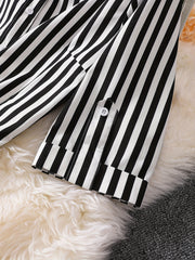Blouse Women's Plus Stripe Print Button Up Roll Up Long Sleeve