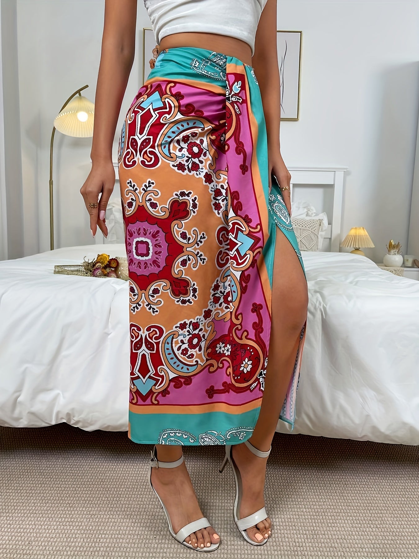 Ethnic Floral Print Split Skirts Ruched High Waist Summer Skirts