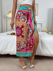 Ethnic Floral Print Split Skirts Ruched High Waist Summer Skirts