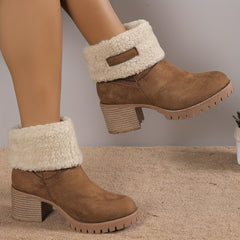 Women's Suedette Pattern Boots Solid Round Toe Thermal Lined Chunky Heel