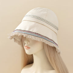 Boho Beige Cotton Bucket Hat Tassel Decor Basin Hat