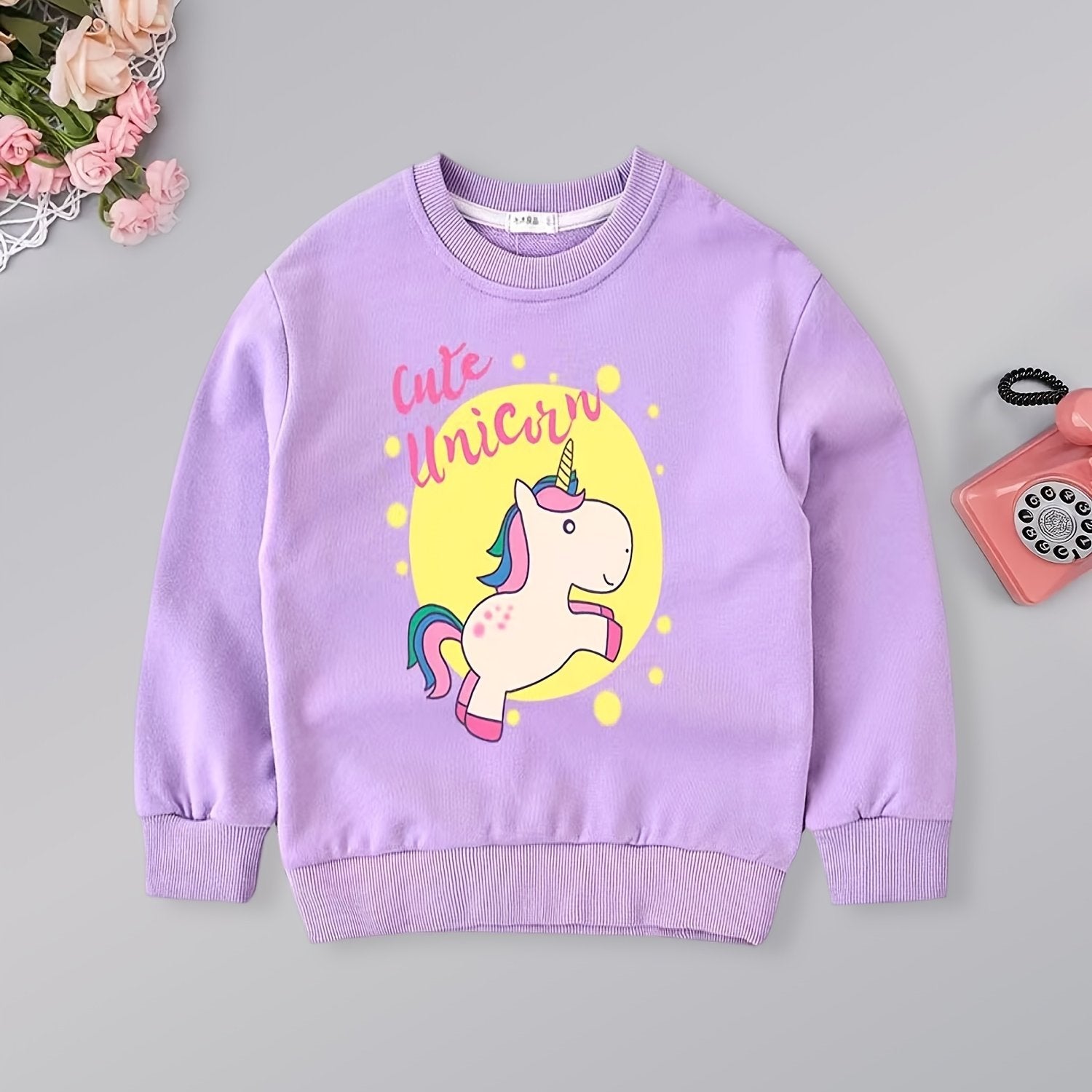 Girls' Unicorn Graphic Crew Neck Sweatshirt for Spring and Autumn
