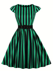 Plaid Print Cap Sleeve Swing Dress With Belt