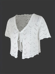 Tie Front Knit Cardigan Solid Short Sleeve Sweater