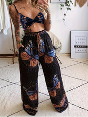 Butterfly Print Set Twist Crop Cami & Wide Leg Pants