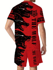 Men's Wolf Print T-shirt & Shorts Set for Outdoor