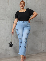 Butterfly Print High Rise Flared Leg Jeans