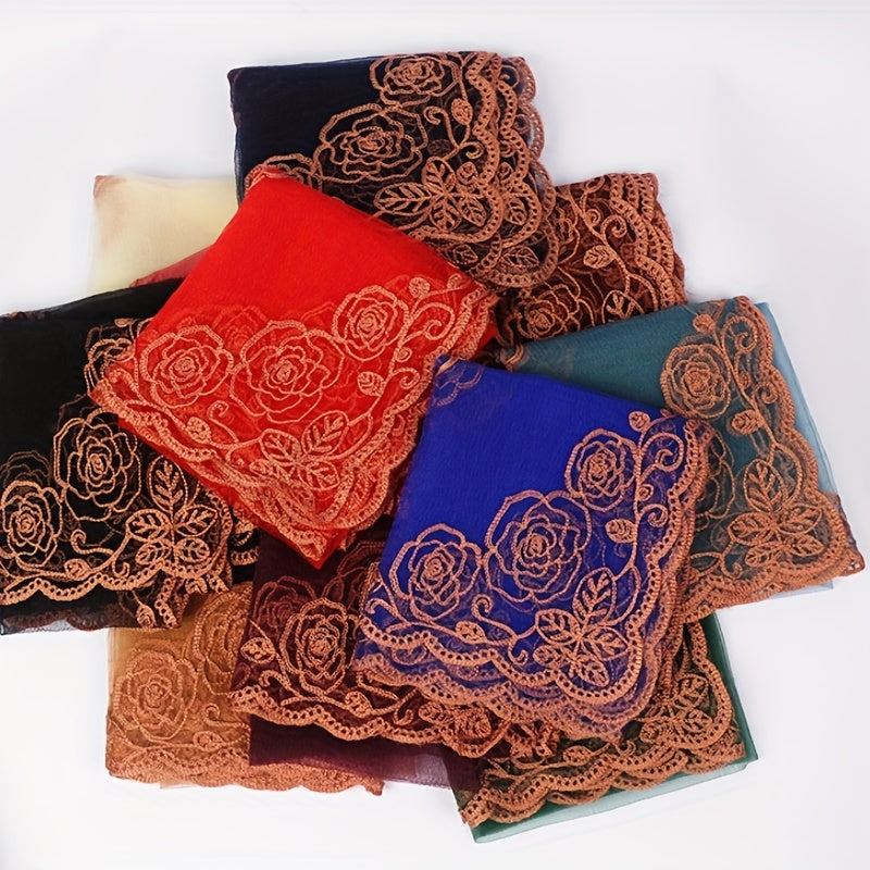 Muslim Embroidered Mesh Gauze Square Scarf Thin Silk Headscarf
