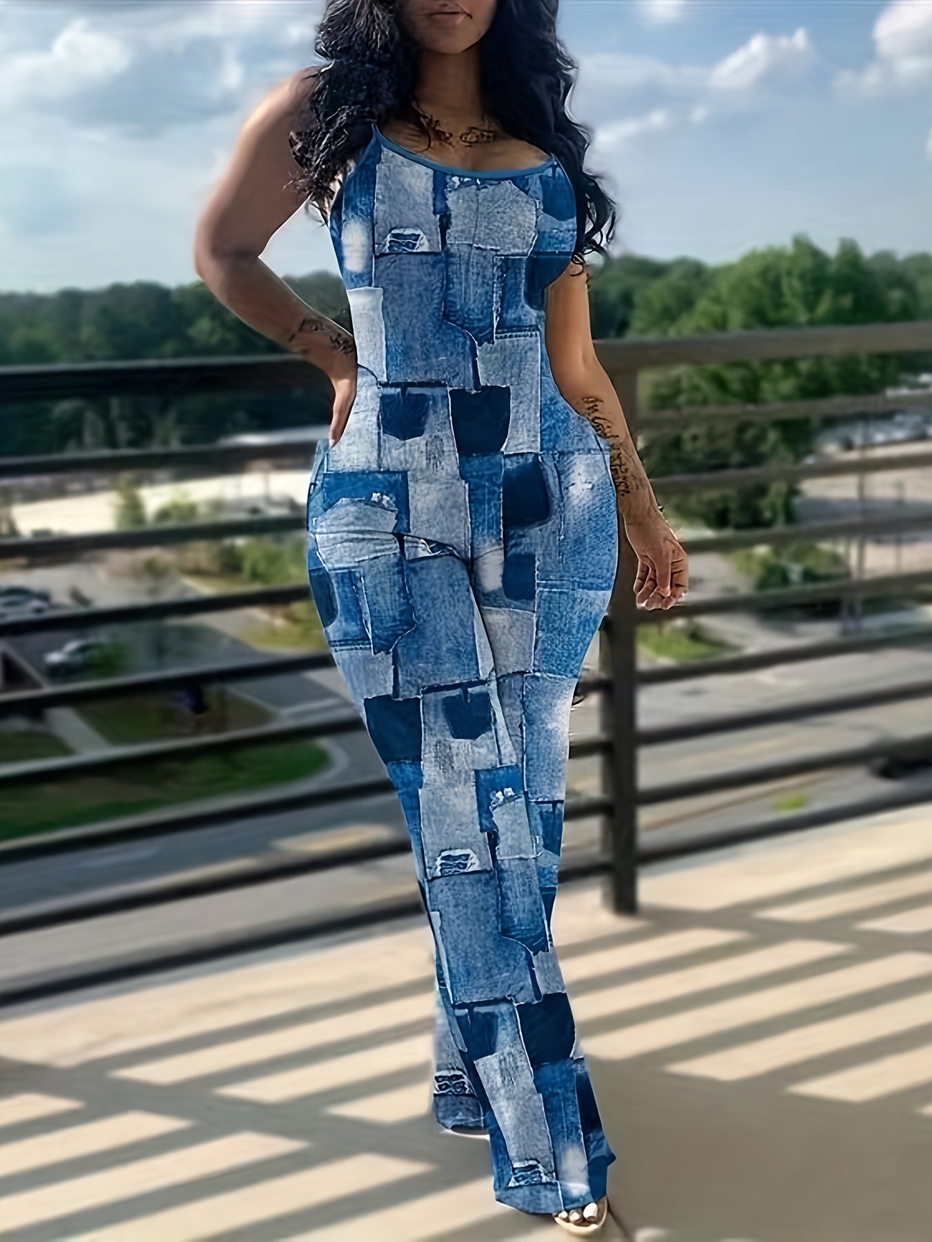 Graphic Print Wide Leg Cami Jumpsuit Sleeveless Pockets for Women