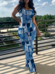 Graphic Print Wide Leg Cami Jumpsuit Sleeveless Pockets for Women