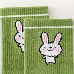 5 Pairs Bunny & Carrot Print Socks Women's Mid Tube Stockings