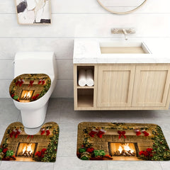 Christmas Fireplace Shower Curtain Set with 12 Hooks