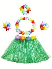 Girls Hawaiian Grass Skirt & Flowers Hula Set Costume for Halloween Party