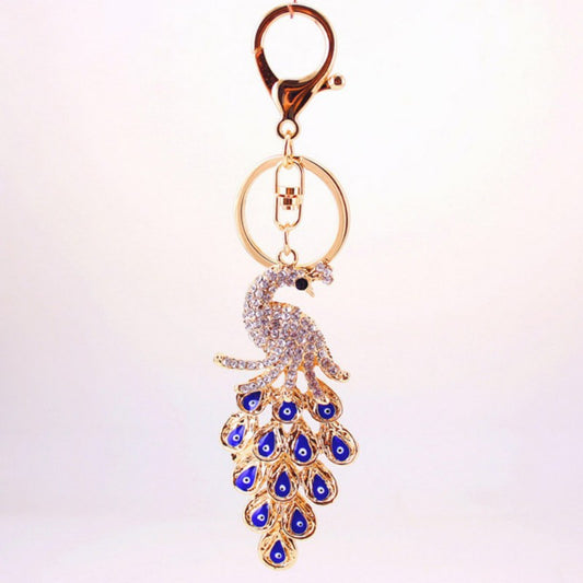 Vintage Rhinestone Peacock Keychain Pendant Animal Keyring Ornament