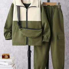 Boy's 3pcs Zip Up Jacket & Crossbody Bag & Cargo Pants Set