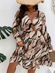 Stripe Print Lantern Sleeve Ruffle Trim Dress