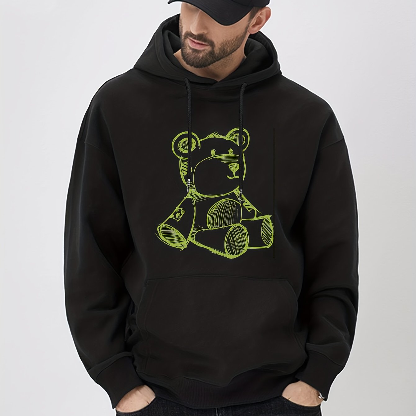 Bear Doodle Print Hoodie Men's Graphic Pullover