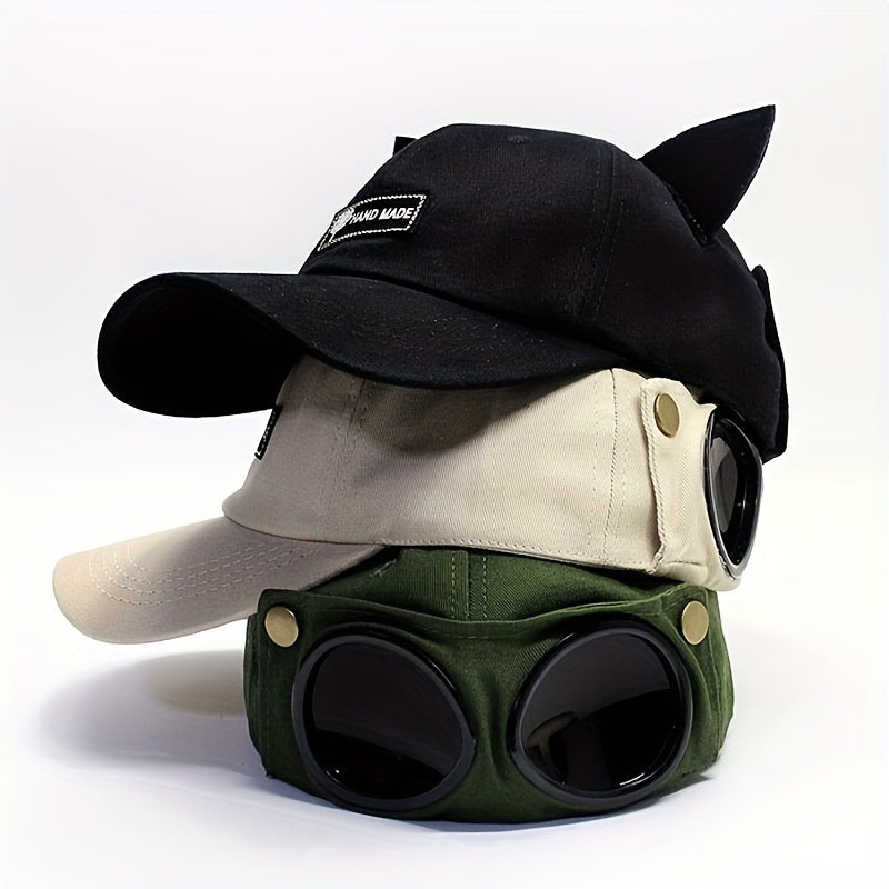 Cat Ears Aviator Glasses Baseball Cap Unisex Retro Style Pilot Hat
