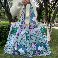 Cartoon Print Casual Tote Bag Large Capacity Foldable Shopping Shoulder Bag