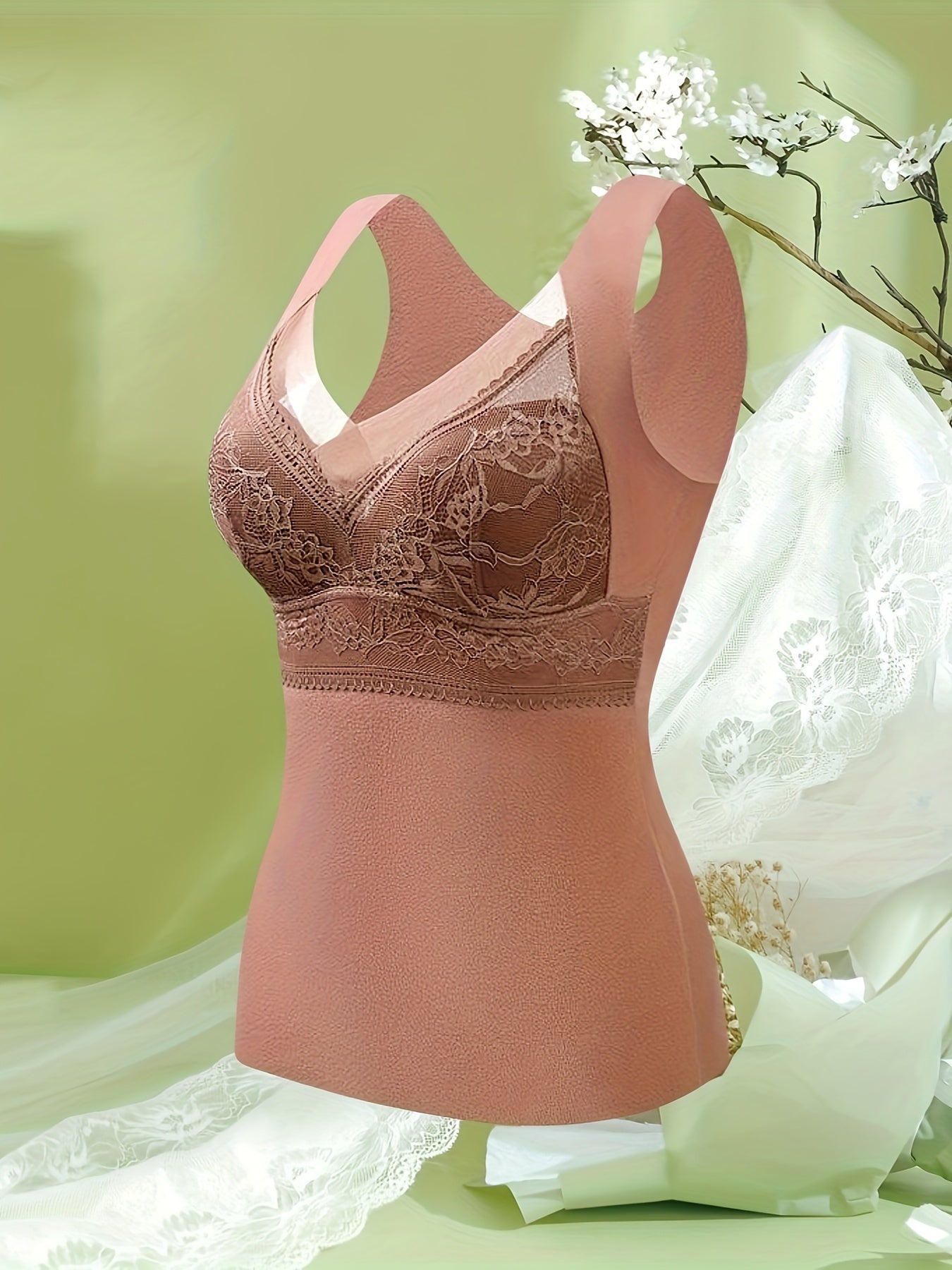 Lace Stitching Thermal Underwear Soft V Neck Sleeveless Top