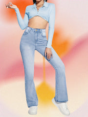 High Waist Flare Jeans Slash Pockets High Rise Stretchy Beel Bottom Denim Pants