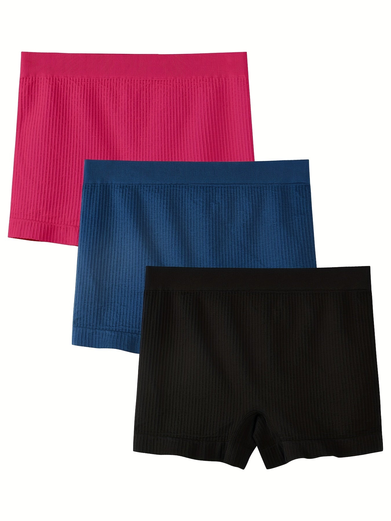 3pcs Solid Ribbed Boyshort Panties Soft & Comfortable Mid Rise Stretch Panties