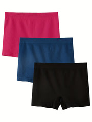 3pcs Solid Ribbed Boyshort Panties Soft & Comfortable Mid Rise Stretch Panties