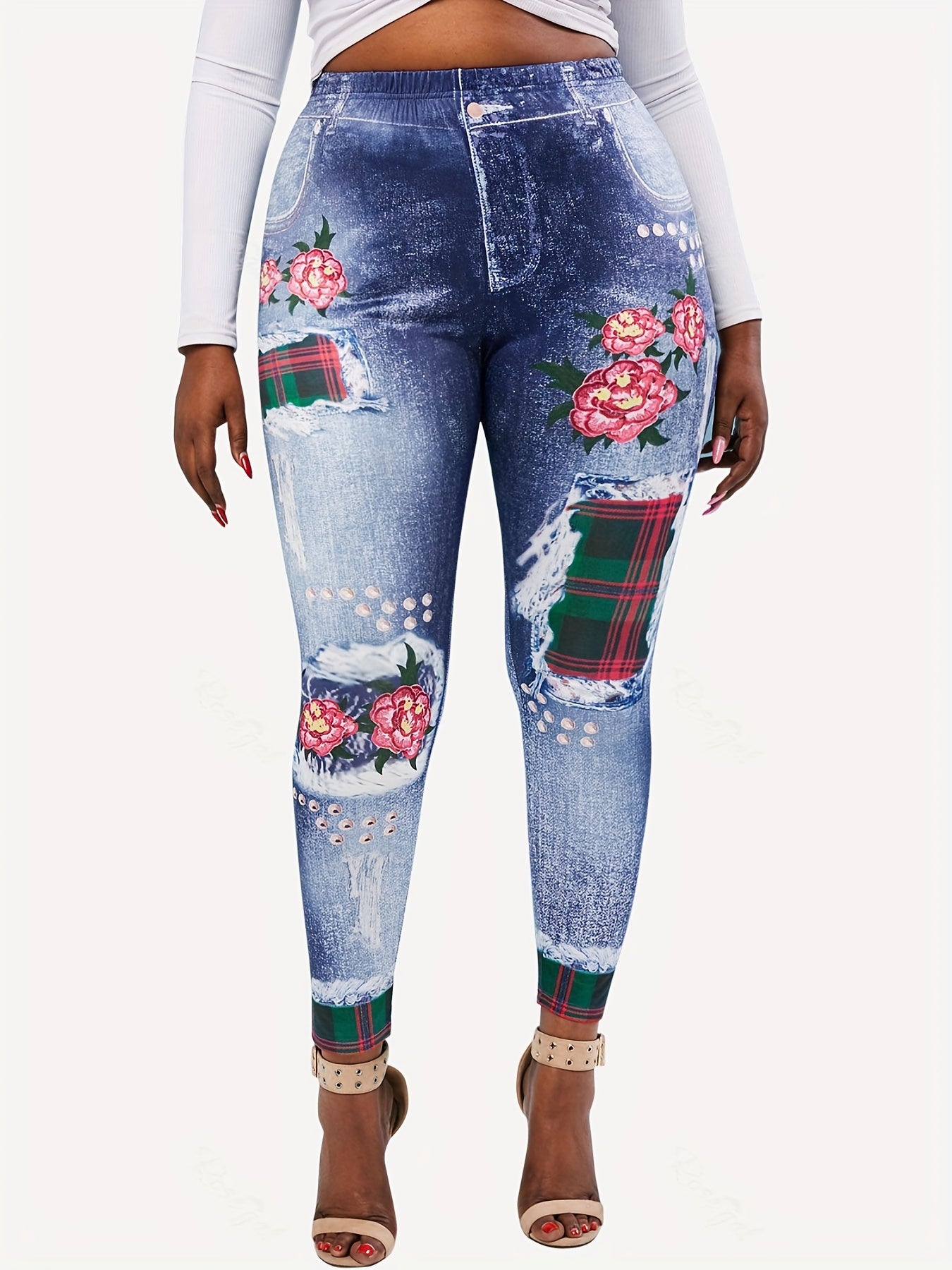 Denim Plaid Flower Print Leggings Medium Stretch