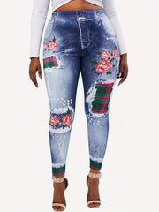 Denim Plaid Flower Print Leggings Medium Stretch