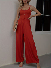 Casual Solid Button Spaghetti Jumpsuit Sleeveless Wide Leg Loose Waist Jumpsuit