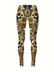 Girls Sunflower Graphic Leggings, Western Style, Thick, Fall Winter
