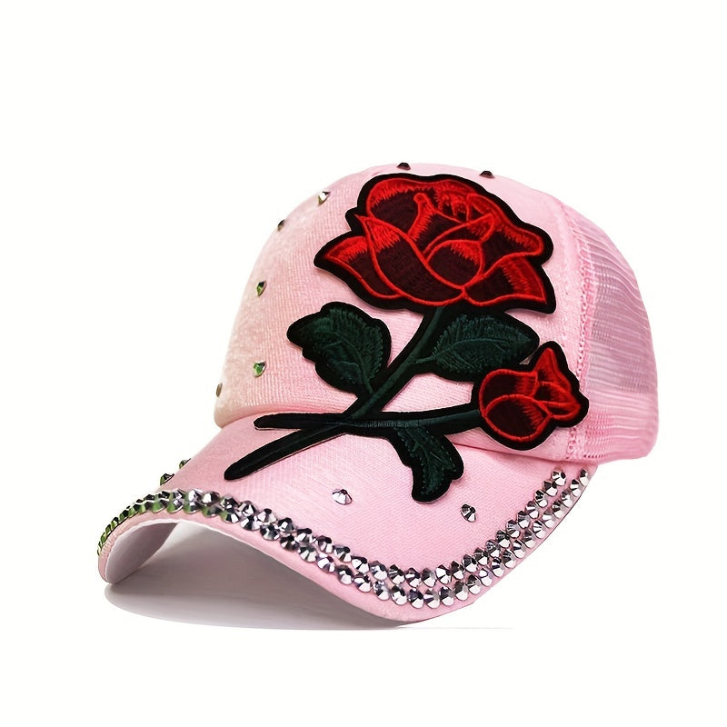Red Rose Patch Trucker Hat Classic Embroidery Mesh Baseball Cap Rhinestone Decor
