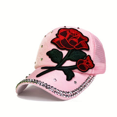 Red Rose Patch Trucker Hat Classic Embroidery Mesh Baseball Cap Rhinestone Decor