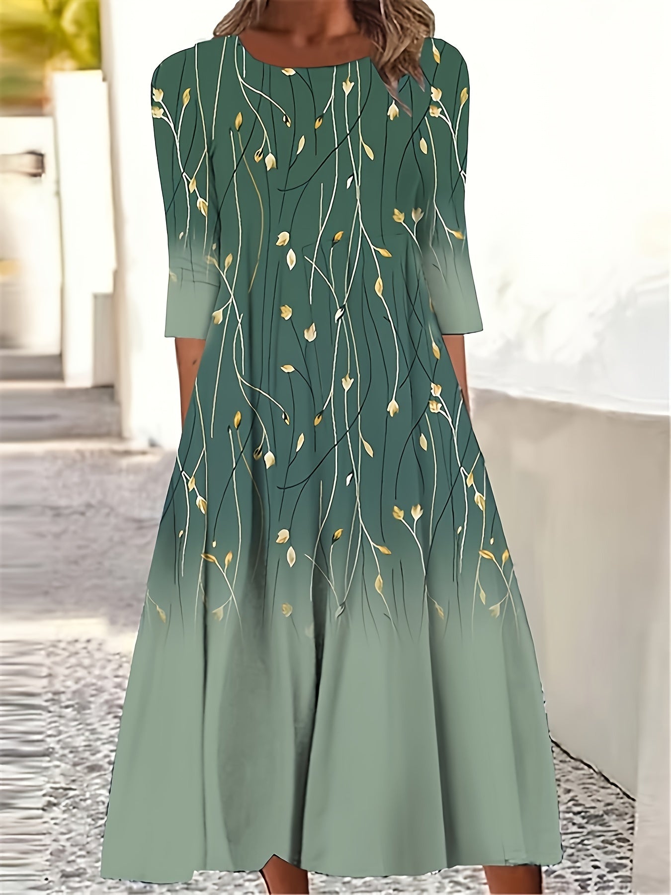 Floral & Ombre Print Half Sleeve Round Neck Dress With Pockets