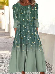 Floral & Ombre Print Half Sleeve Round Neck Dress With Pockets