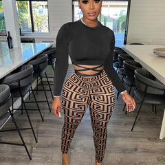 Women's Two Piece Set Crew Neck Top & Printed Pants Fall/Spring