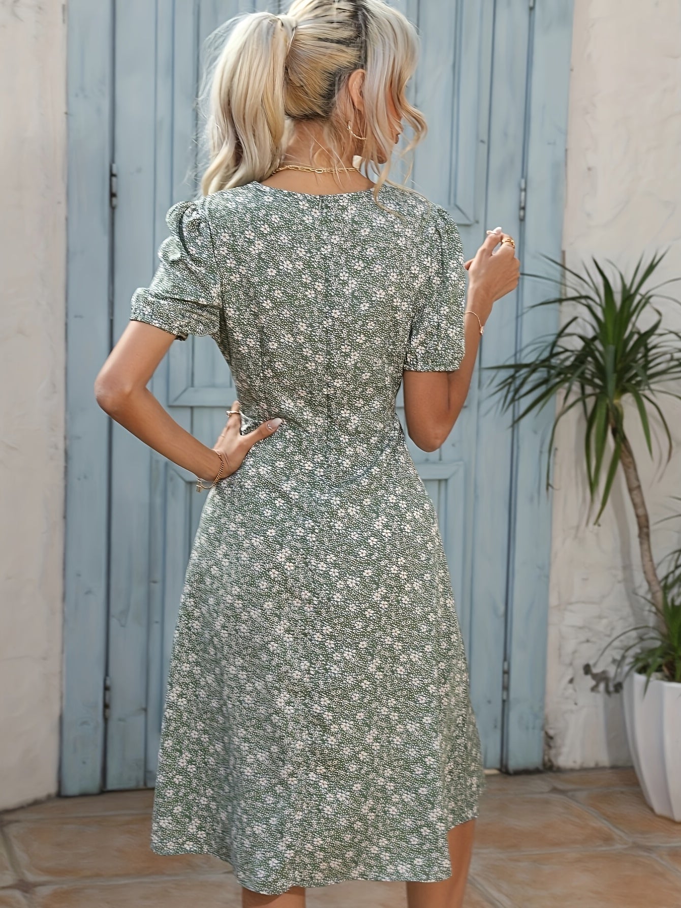 Floral & Pin Print V Neck Puff Sleeve Dress