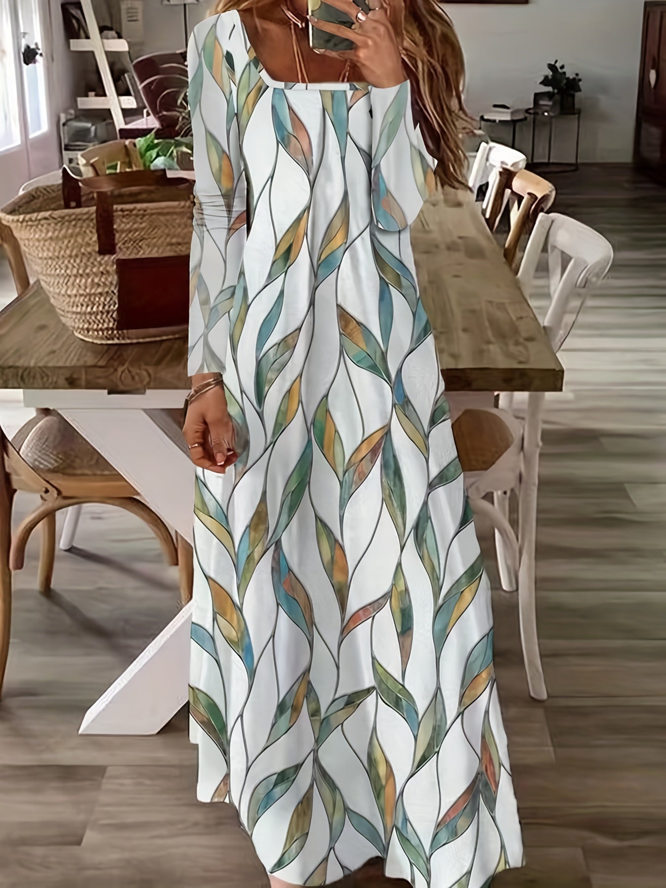Leaf Print Long Sleeve Pleated Maxi Dress