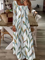 Leaf Print Long Sleeve Pleated Maxi Dress