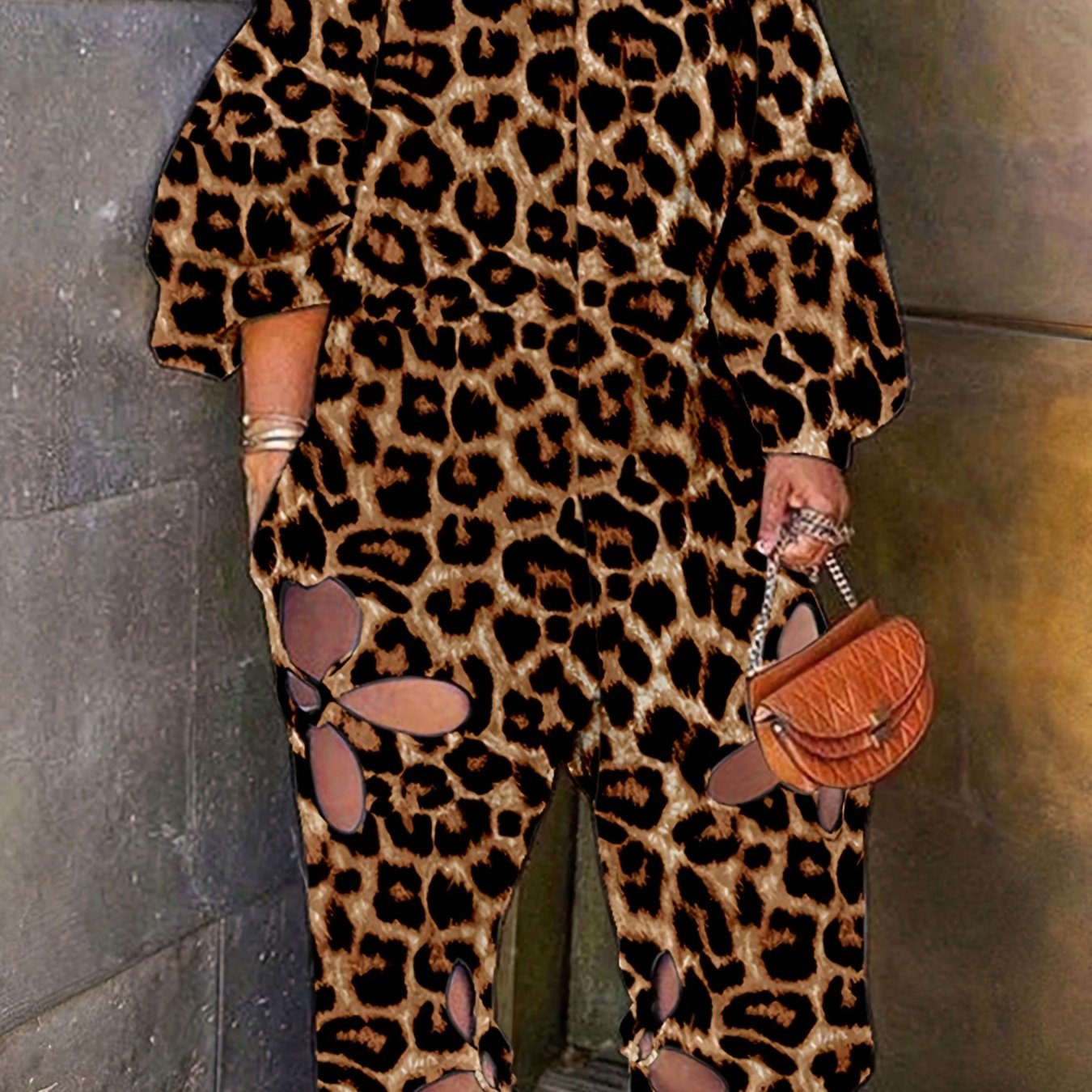 Leopard Cut Out Off Shoulder Lantern Sleeve Jumpsuit