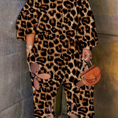 Leopard Cut Out Off Shoulder Lantern Sleeve Jumpsuit