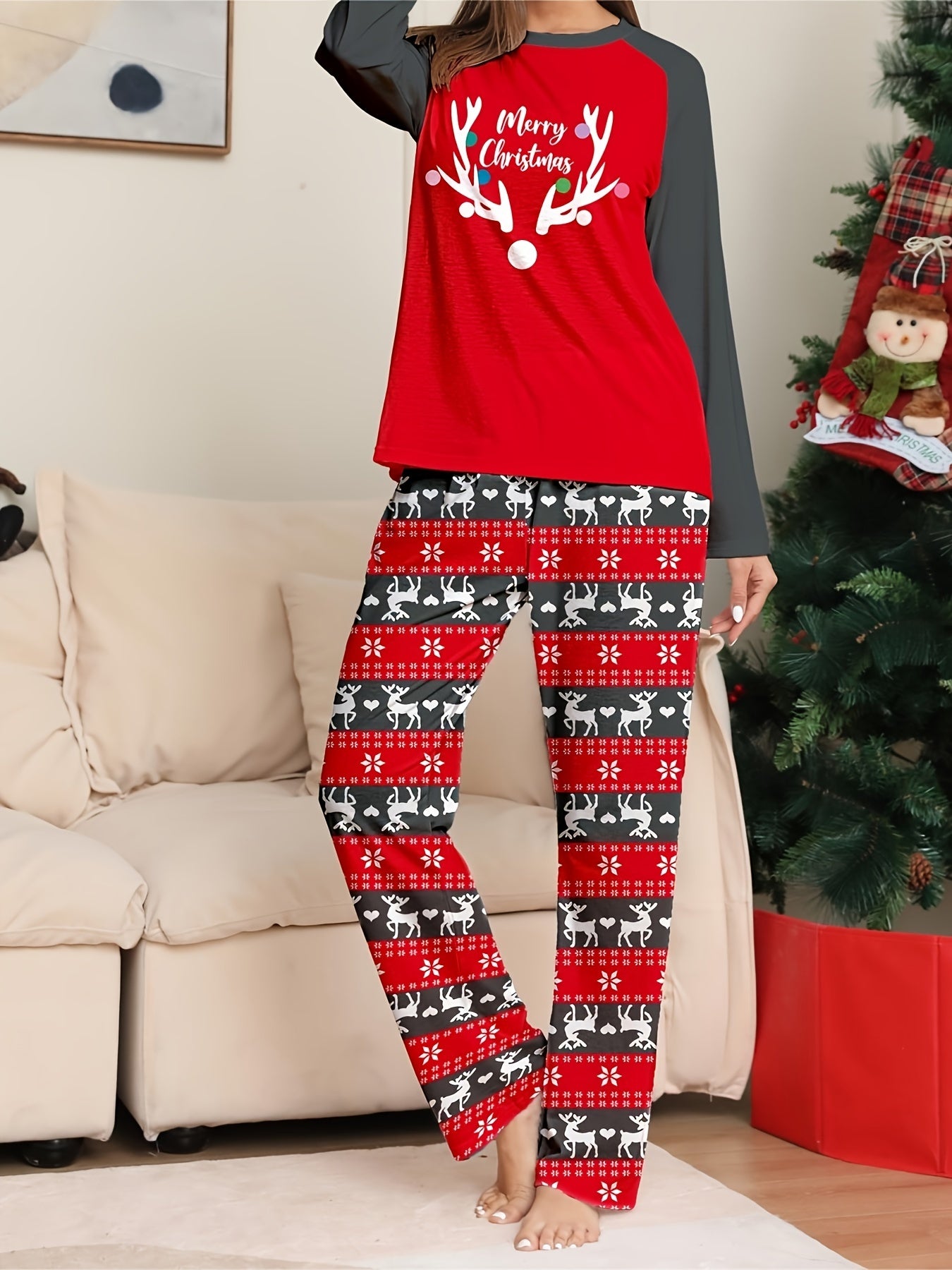 Christmas Pajama Set Women's Reindeer & Stripe Print Top & Pants